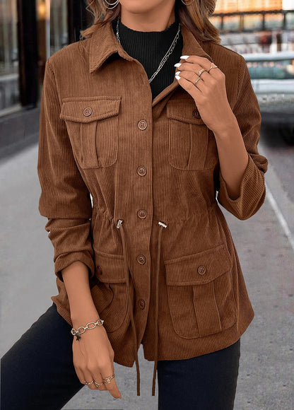 Women’s Dark Coffee Drawstring Corduroy Utility Shirt Jacket