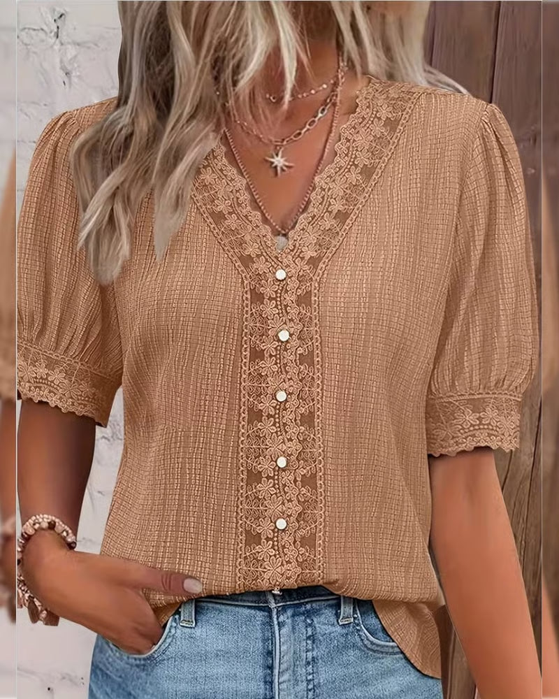 Women's Lace Patchwork V-Neck Puff-Sleeve Blouse