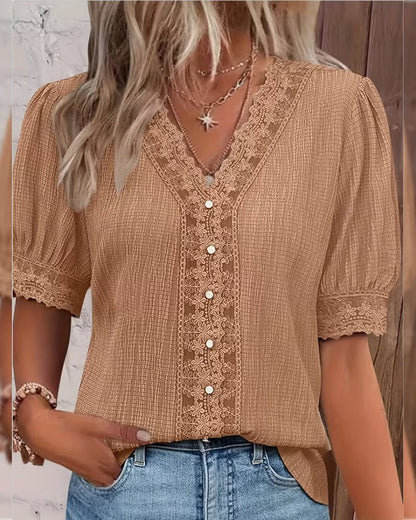 Women's Lace Patchwork V-Neck Puff-Sleeve Blouse