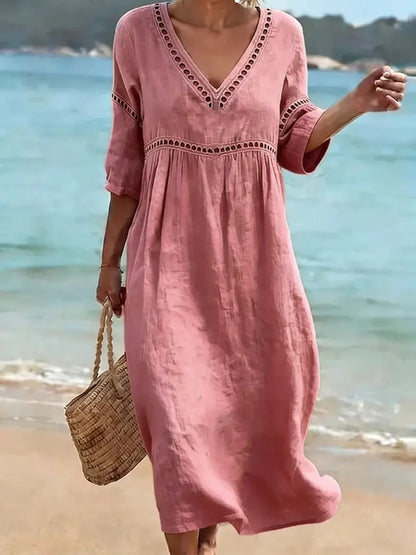 Women’s V-Neck Cut-Out Detail Cotton Linen Midi Dress