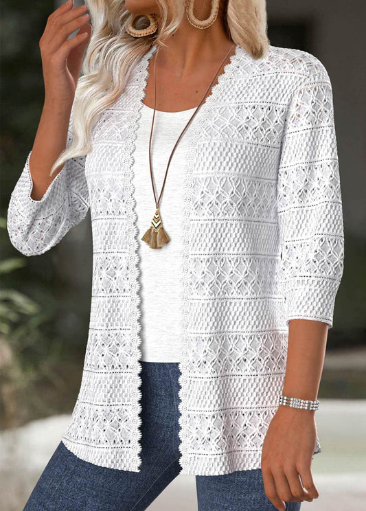 Women’s Open-Front Crochet Lace 3/4 Sleeve Cardigan