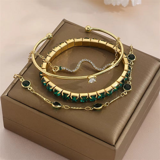 Women’s Emerald Crystal Gold Layered Bracelet Set