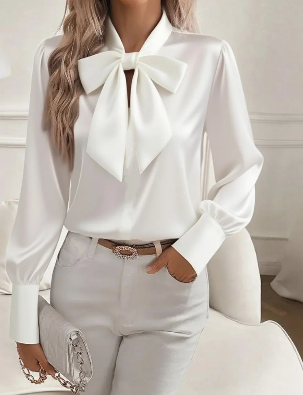 Women’s Satin Bow-Tie V-Neck Blouse