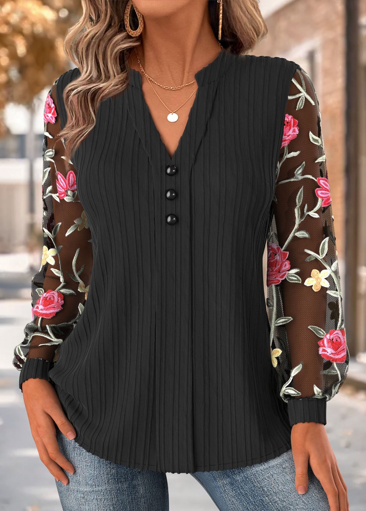 Women’s Lace Sleeve Split-Neck Ribbed Blouse
