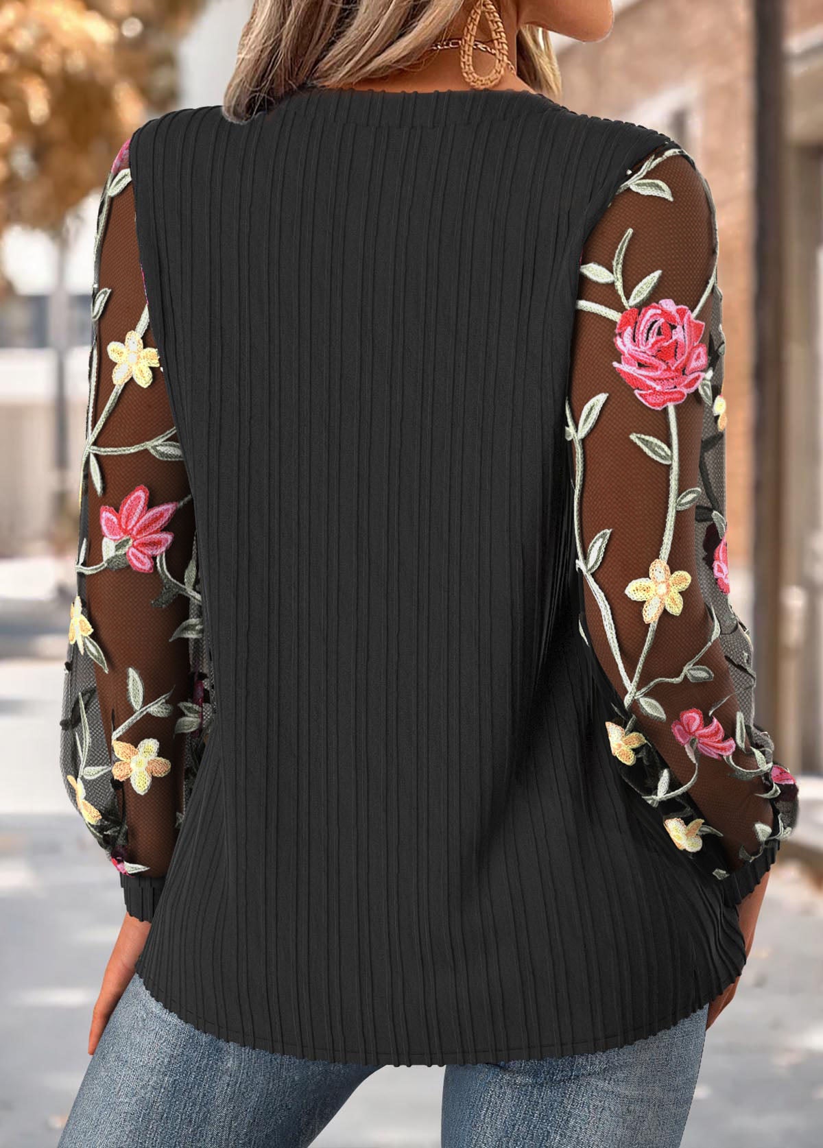 Women’s Lace Sleeve Split-Neck Ribbed Blouse