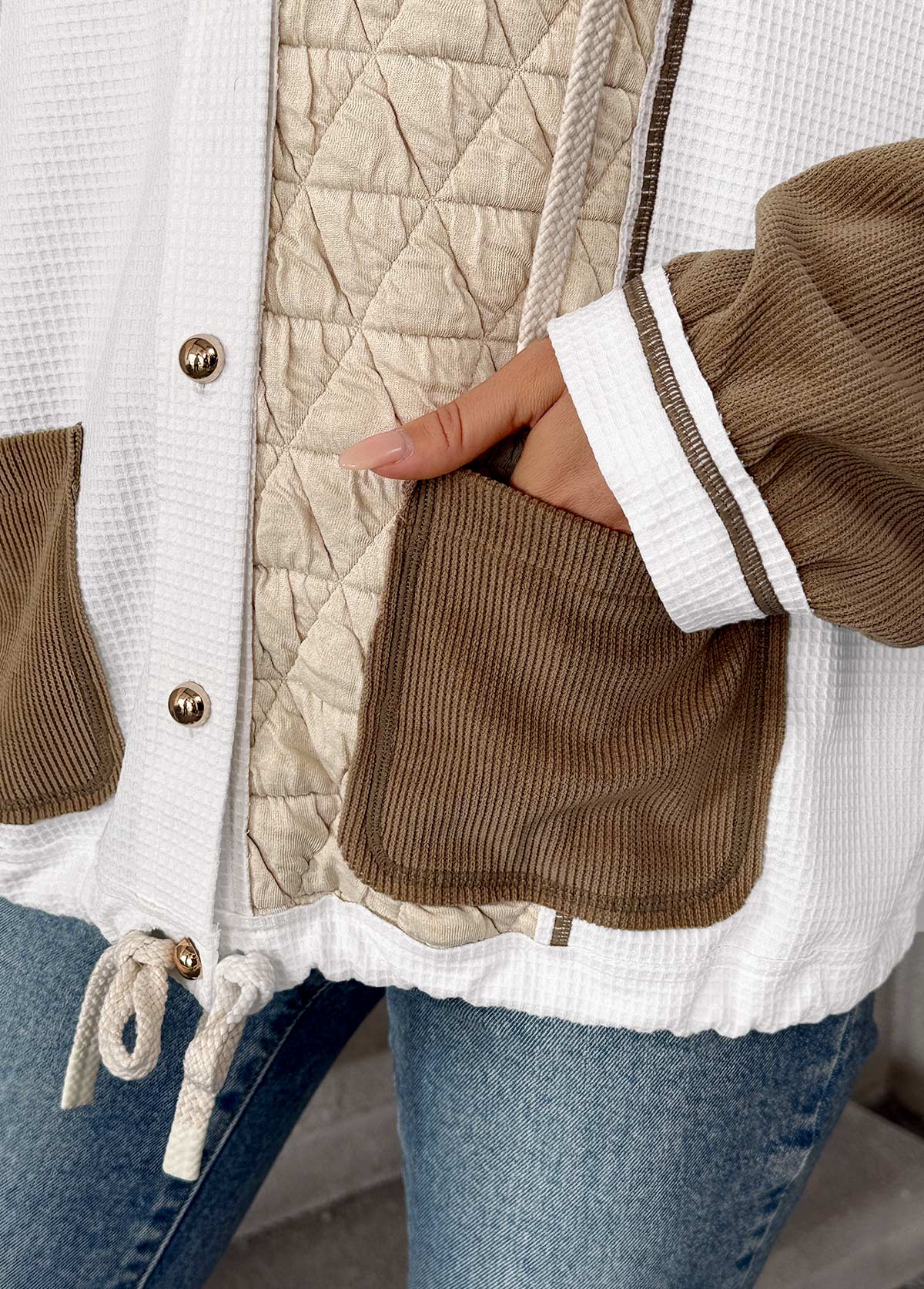 Women’s Light Coffee Contrast Patchwork Hooded Jacket