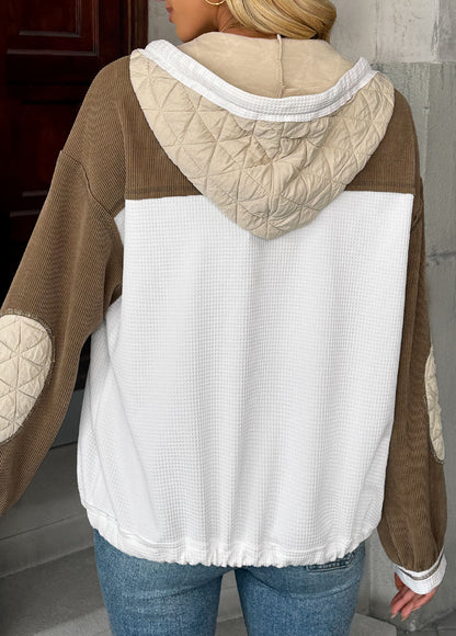 Women’s Light Coffee Contrast Patchwork Hooded Jacket