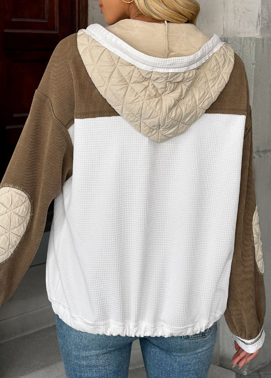 Women’s Light Coffee Contrast Patchwork Hooded Jacket