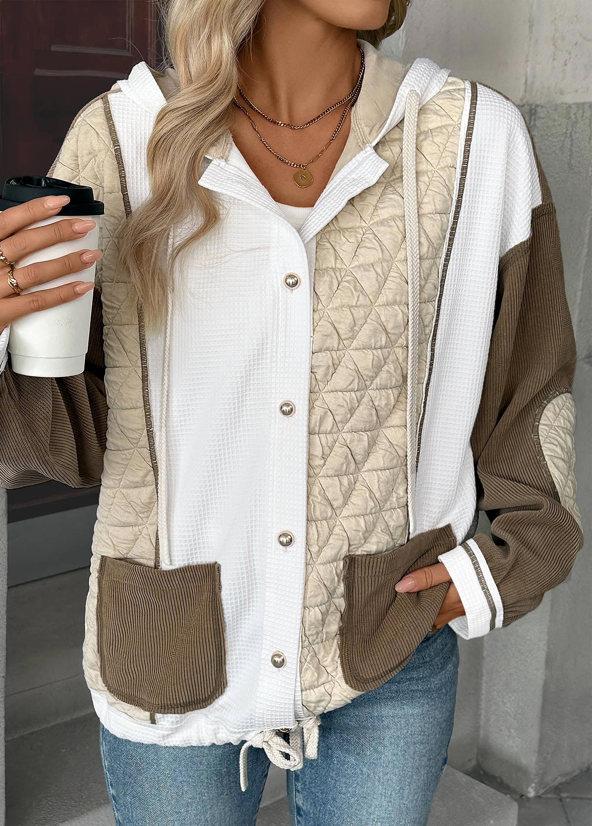 Women’s Light Coffee Contrast Patchwork Hooded Jacket