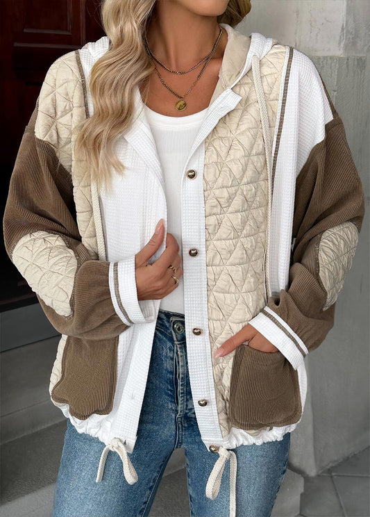 Women’s Light Coffee Contrast Patchwork Hooded Jacket