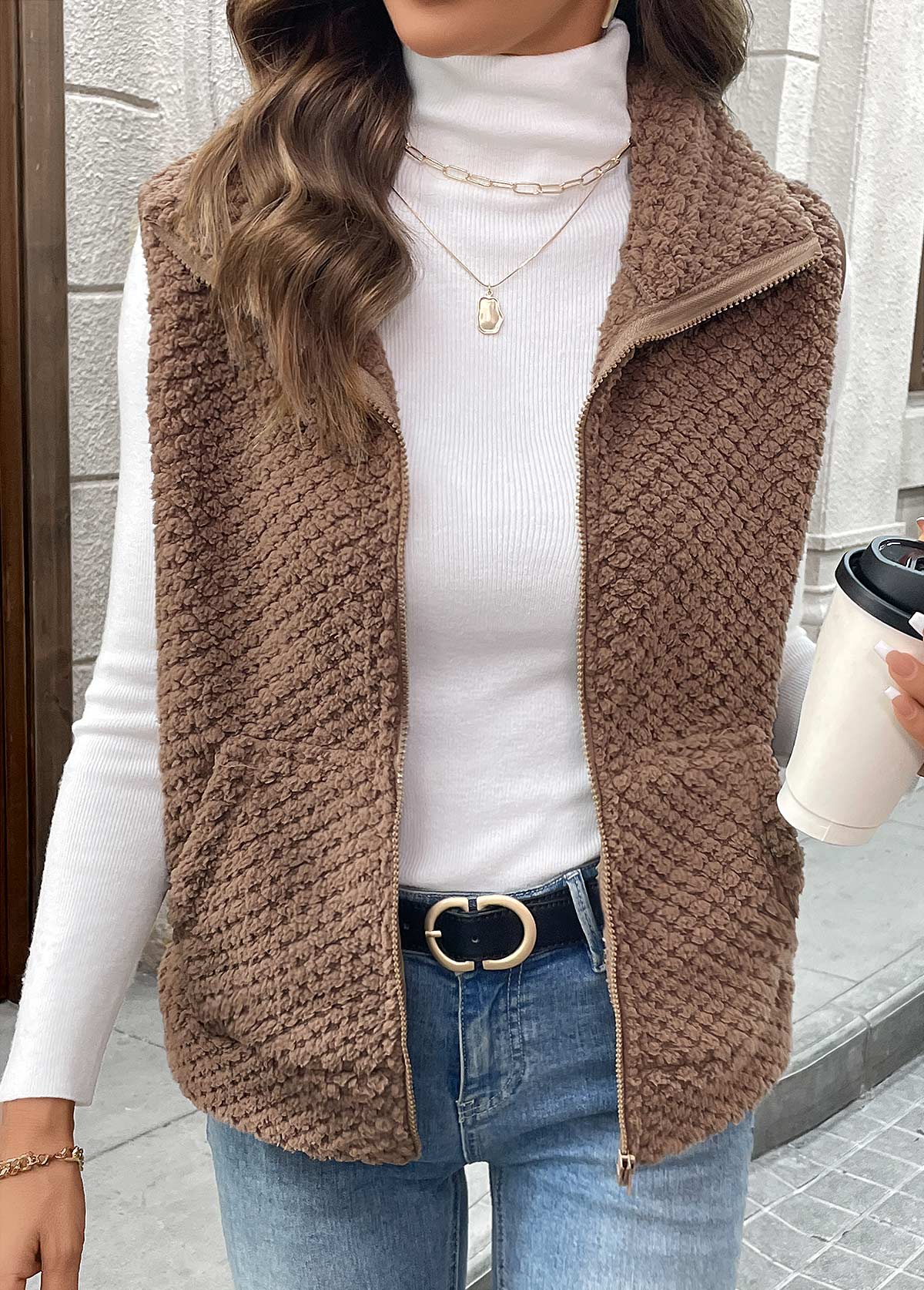 Women’s Dark Coffee Teddy Fleece Zip Gilet with Pockets