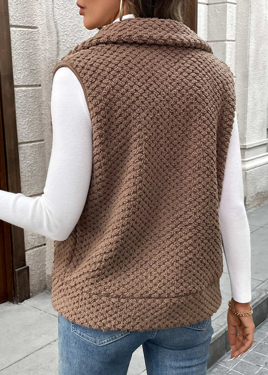 Women’s Dark Coffee Teddy Fleece Zip Gilet with Pockets