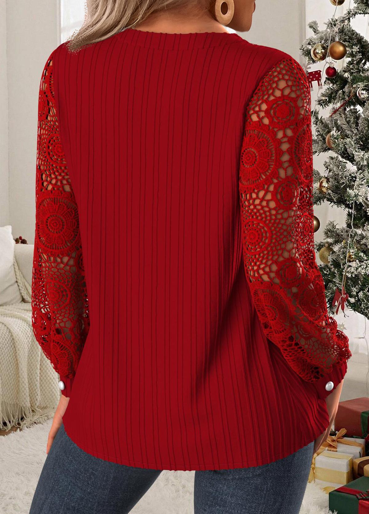 Women’s Lace Sleeve Split-Neck Ribbed Blouse
