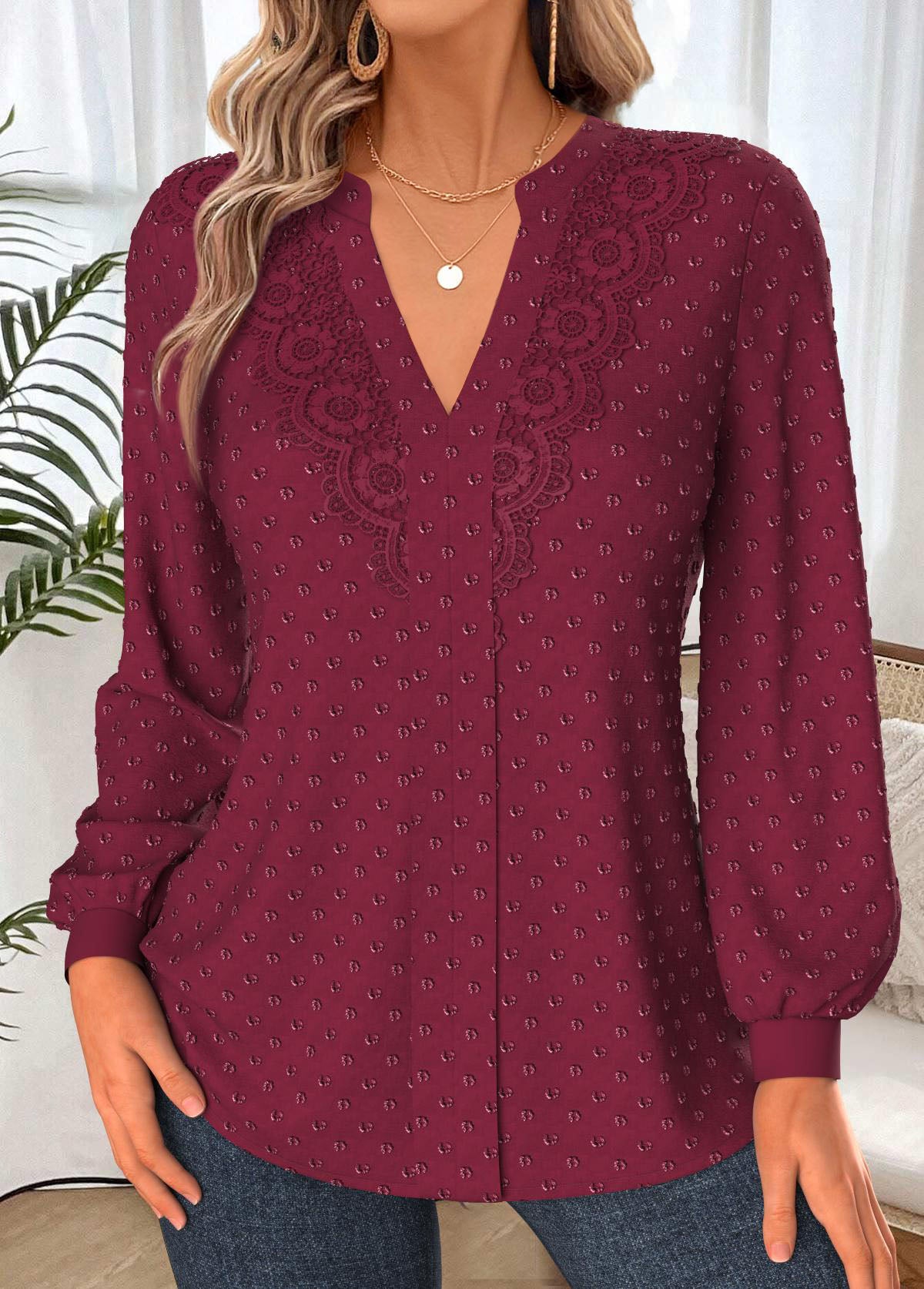Women’s Lace Sleeve Split-Neck Ribbed Blouse