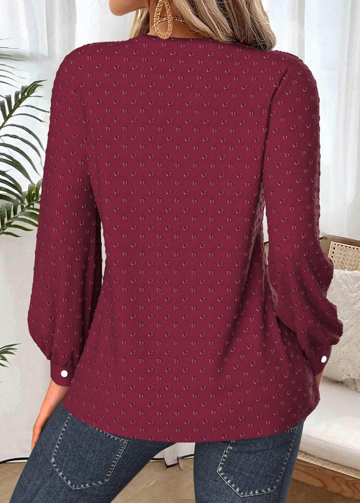 Women’s Lace Sleeve Split-Neck Ribbed Blouse