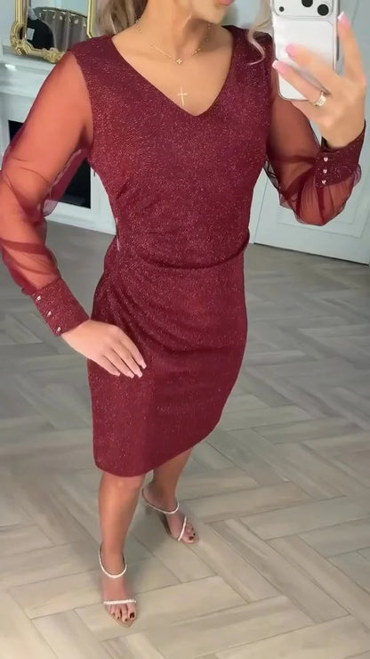 Women’s Sparkly Patchwork V-Neck Long-Sleeve Midi Dress