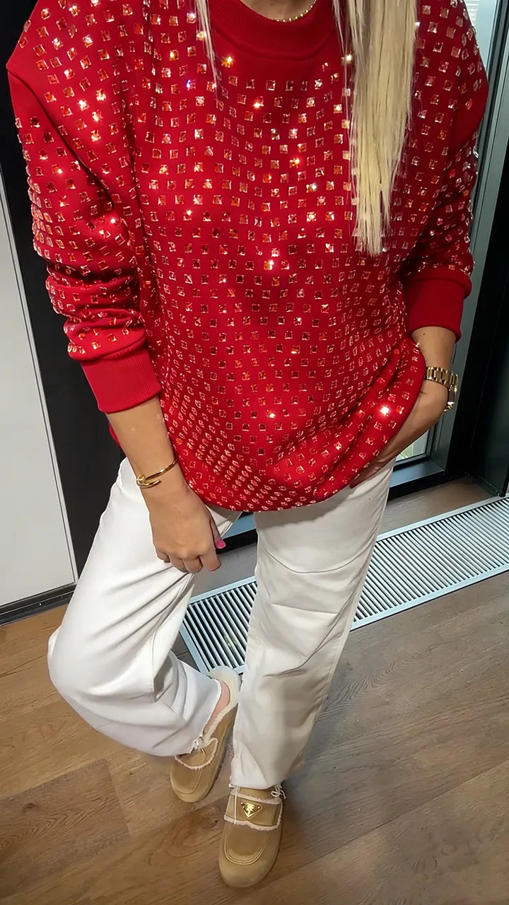 Women’s All-Over Rhinestone Crew Neck Casual Sweatshirt