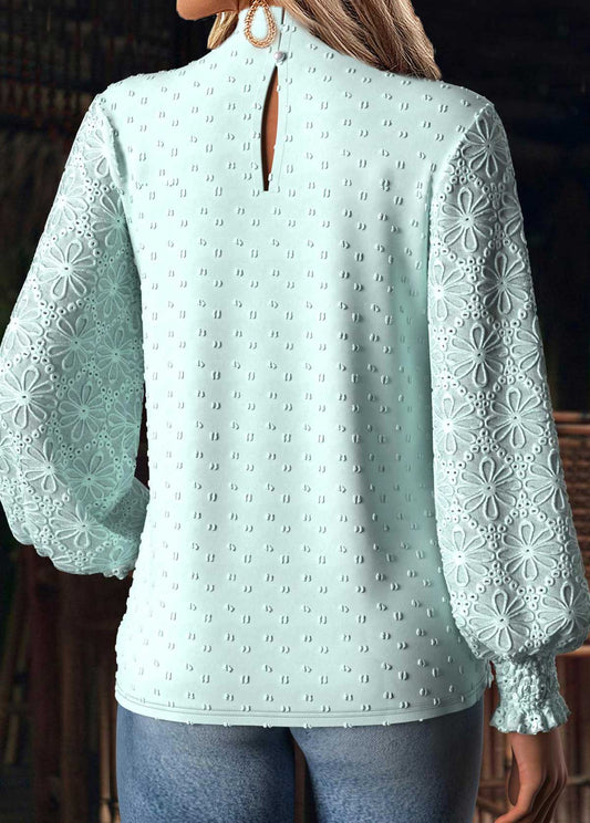 Women’s Mint Green Textured High-Neck Lace Sleeve Blouse
