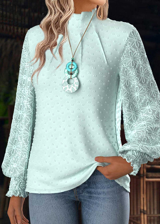 Women’s Mint Green Textured High-Neck Lace Sleeve Blouse