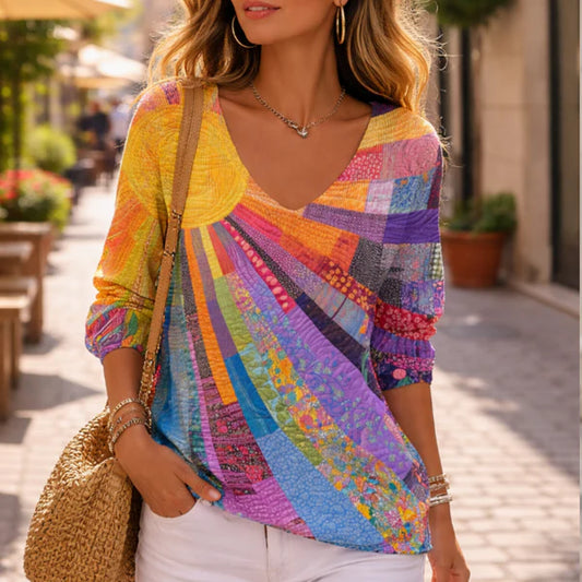 Women’s Colourful Patchwork V-Neck Blouse