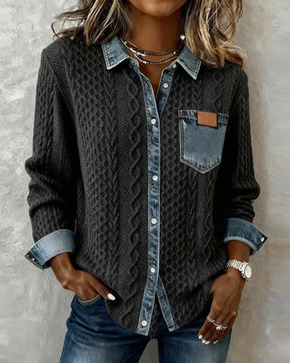 Women’s Cable-Knit Denim Trim Button Shirt