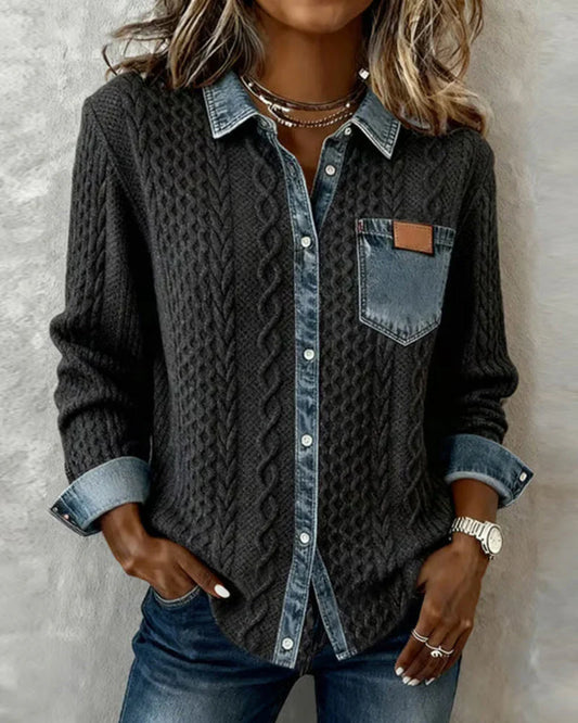 Women’s Cable-Knit Denim Trim Button Shirt
