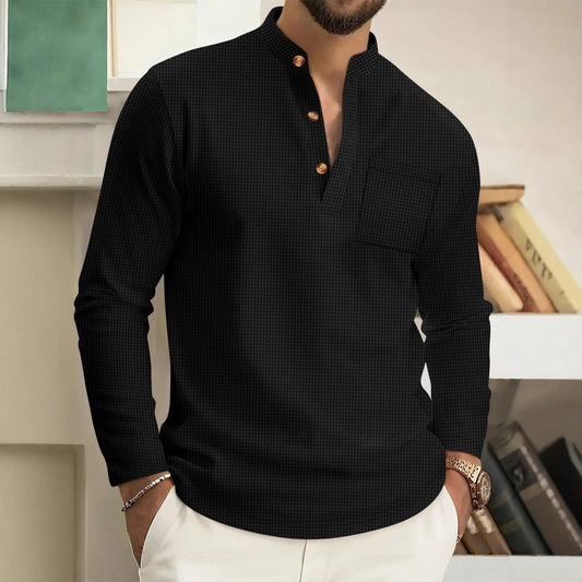Men’s Textured Mandarin Collar Linen-Feel Shirt