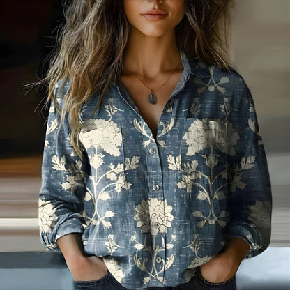 Women’s Vintage Printed Button-Up Blouse