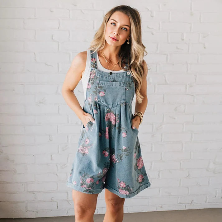 Vintage Floral Printed Denim Jumpsuit