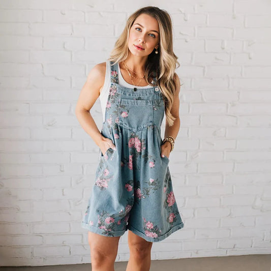 Vintage Floral Printed Denim Jumpsuit