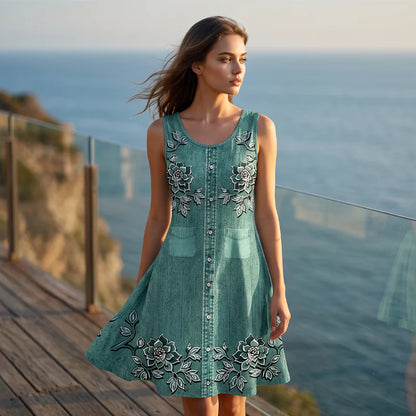 Women’s Floral Button-Front Sleeveless Dress
