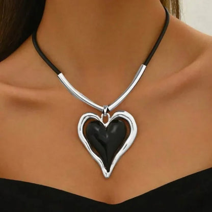 Women’s Oversized Enamel Heart Pendant Cord Necklace