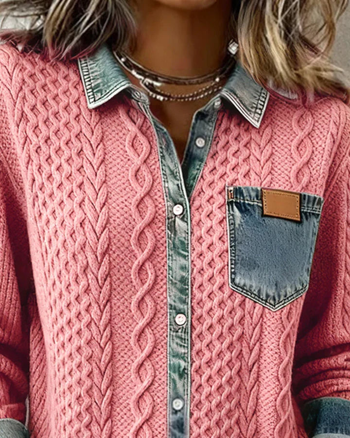 Women’s Cable-Knit Denim Trim Button Shirt