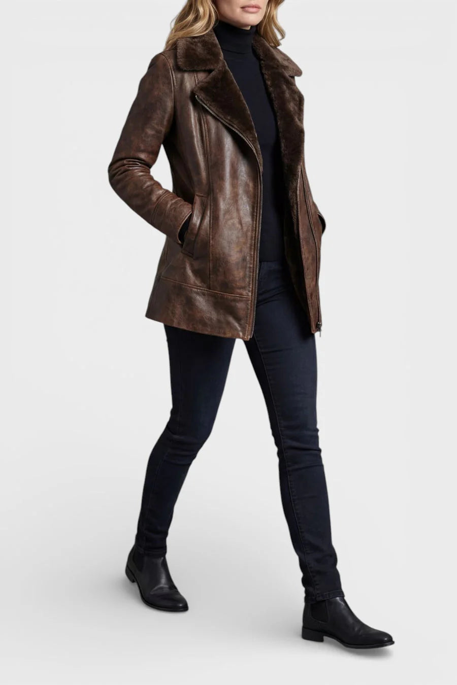 Women’s Sheepskin-Look Lined Leather-Look Jacket