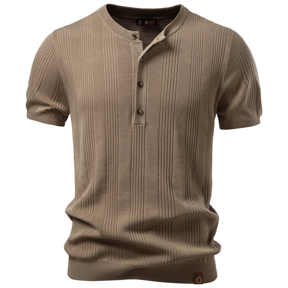 Men’s Vertical Ribbed Henley Knit T-Shirt