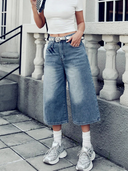 Women's Washed Wide Leg Cropped Jeans