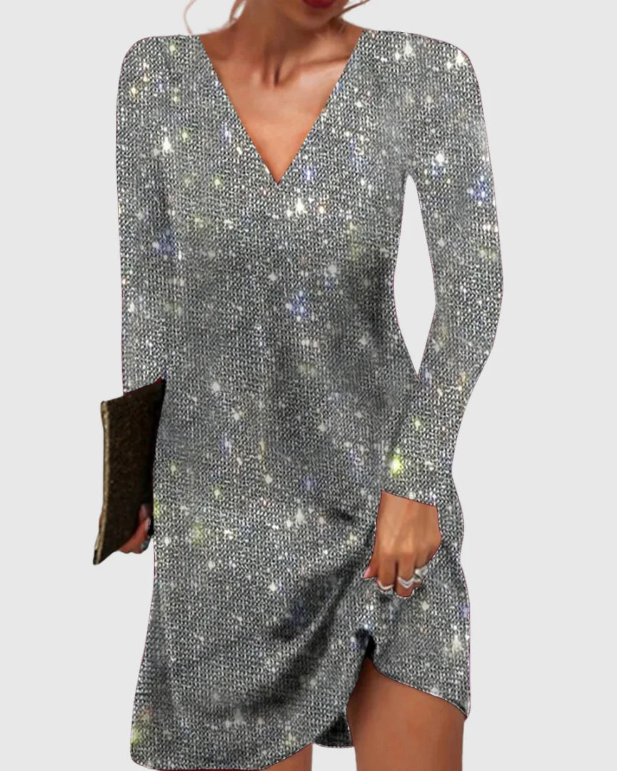 Women’s Sequin V-Neck Long-Sleeve Mini Dress