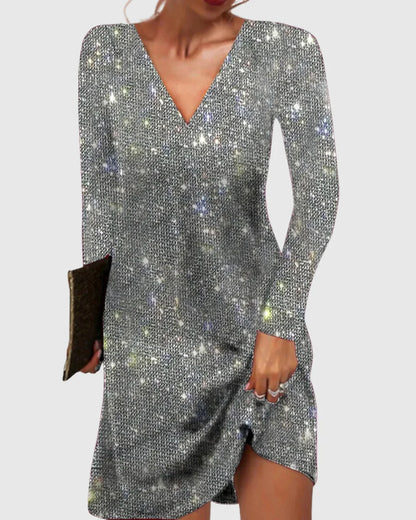 Women’s Sequin V-Neck Long-Sleeve Mini Dress