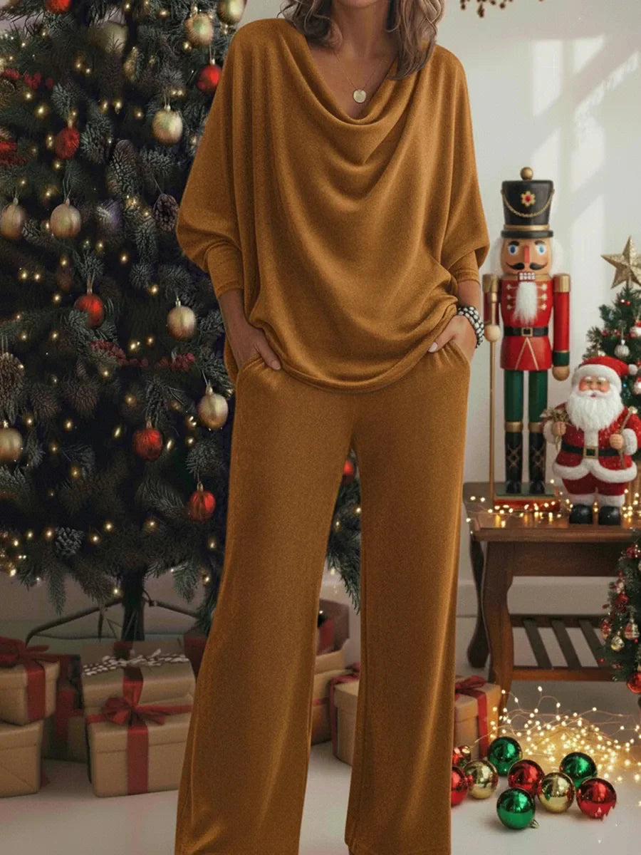 Women’s Christmas Cosy Draped-Neck Wide-Leg Lounge Set