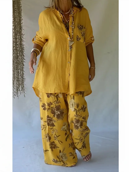 Women’s Casual Floral Linen Cotton Shirt & Trousers Set