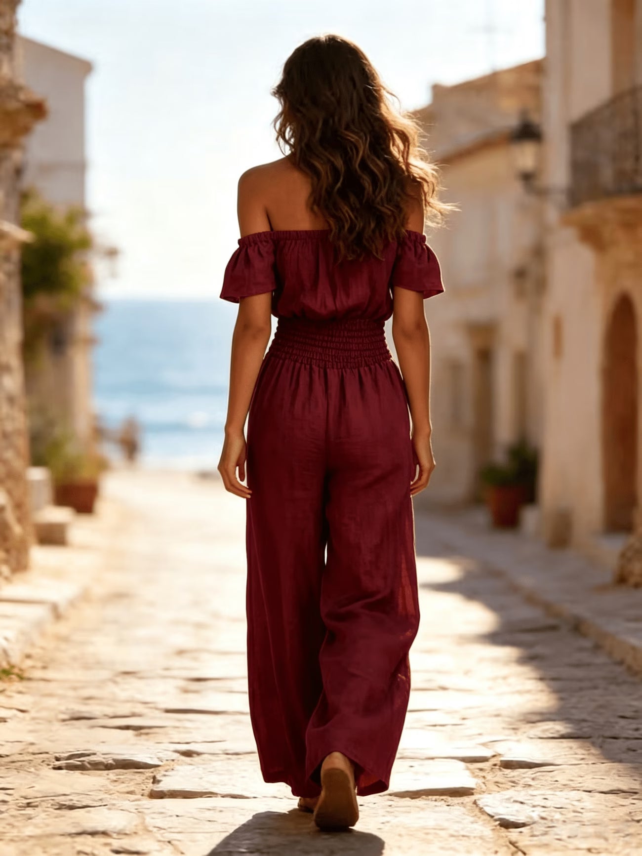 Vintage Off-Shoulder Wide-Leg Jumpsuit