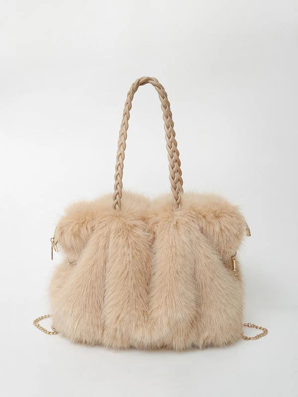 Women’s Braided-Handle Faux-Fur Shoulder Tote