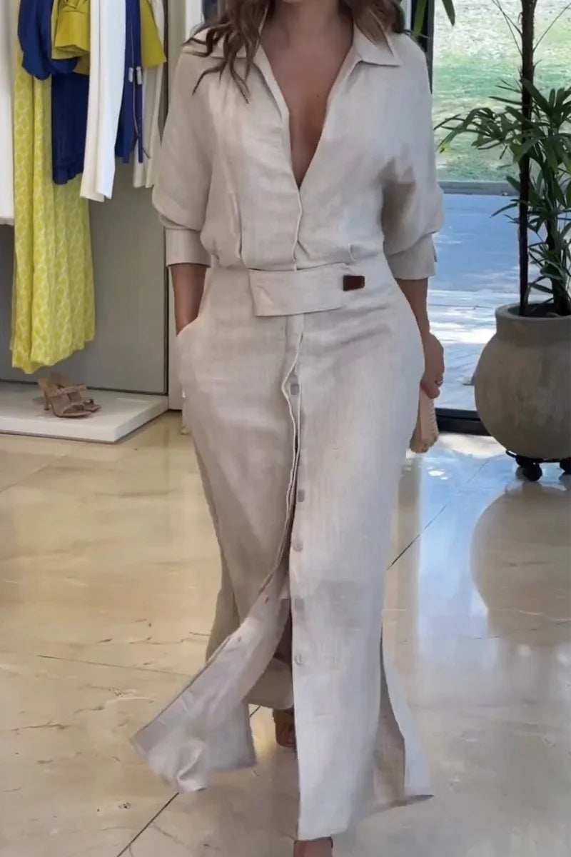 Women’s Natural Linen Blend Button-Front Maxi Dress