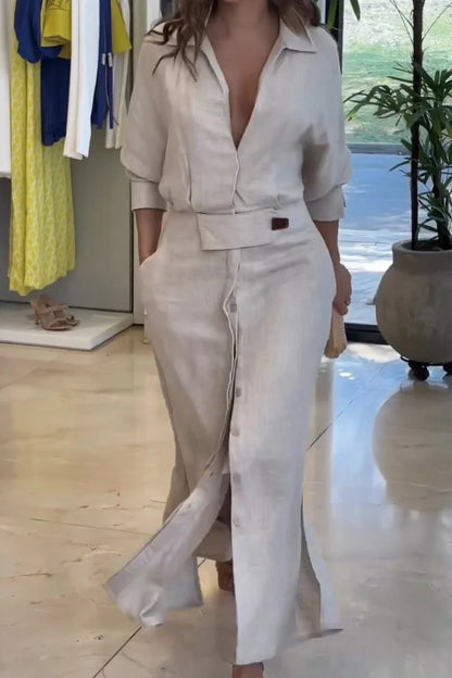 Women’s Natural Linen Blend Button-Front Maxi Dress