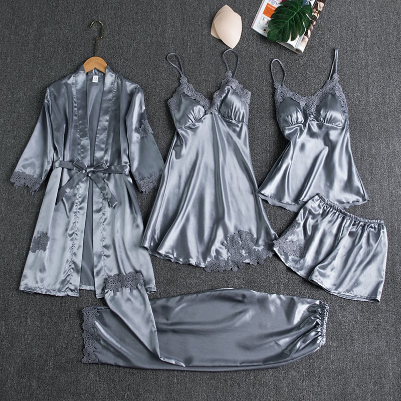 Women’s Silky Lace-Trim 5-Piece Nightwear Set