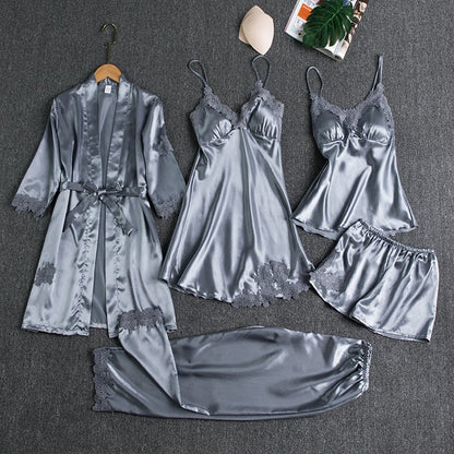 Women’s Silky Lace-Trim 5-Piece Nightwear Set