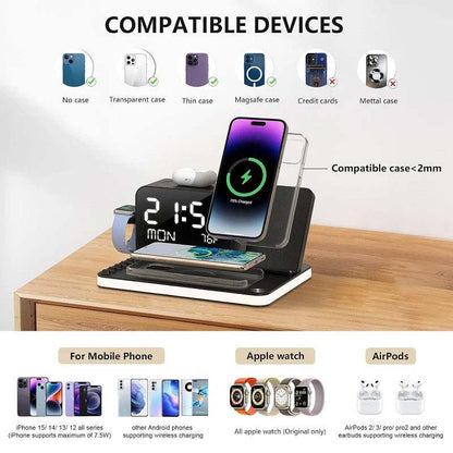 4-in-1 Fast Wireless Charging Station with LED Clock & Bluetooth Speaker