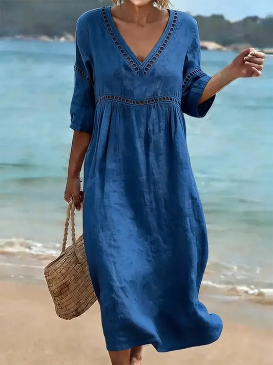 Women’s V-Neck Cut-Out Detail Cotton Linen Midi Dress