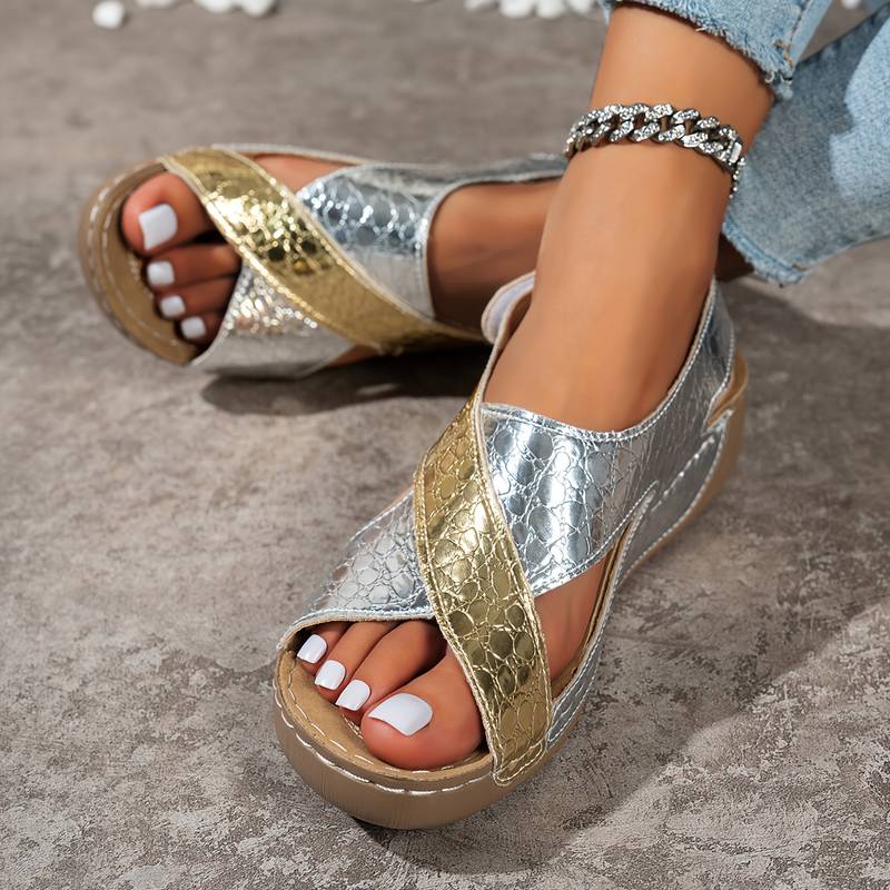 Women’s Metallic Snake-Print Wedge Sandals with Adjustable Strap