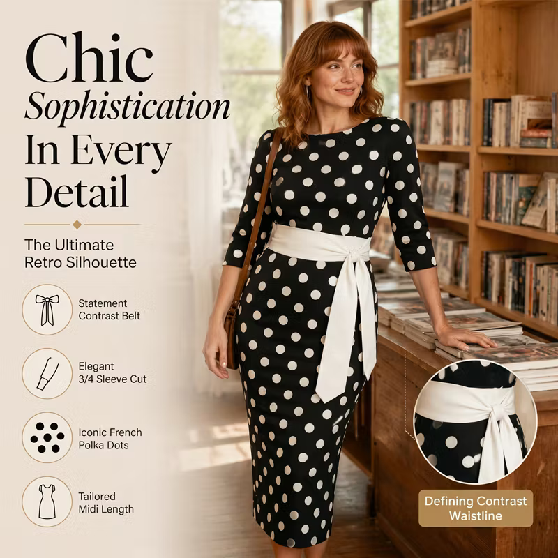 Women’s Polka Dot Belted Midi Dress